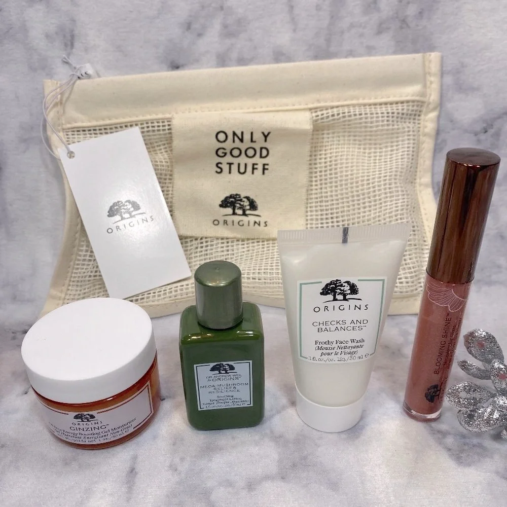 Origins Beauty Set-Beige Mesh Pouch,Cleanser,Lotion,Moisturizer,LipGloss-5pc-NEW